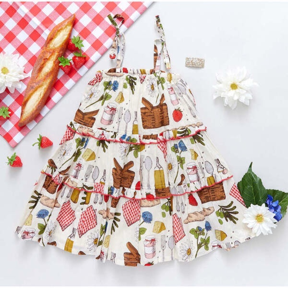 PINK CHICKEN Girl's Parisian Picnic Tiered Midi Maxi Garden Sundress Dress 4T